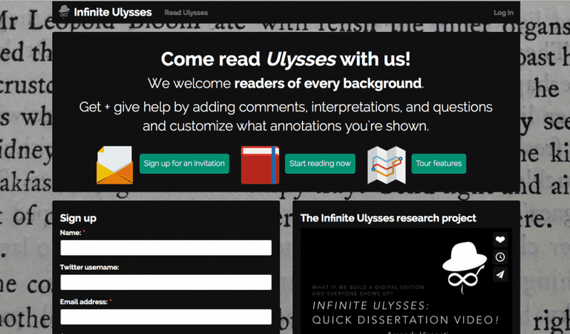 Screenshot of the current front page of InfiniteUlysses.com